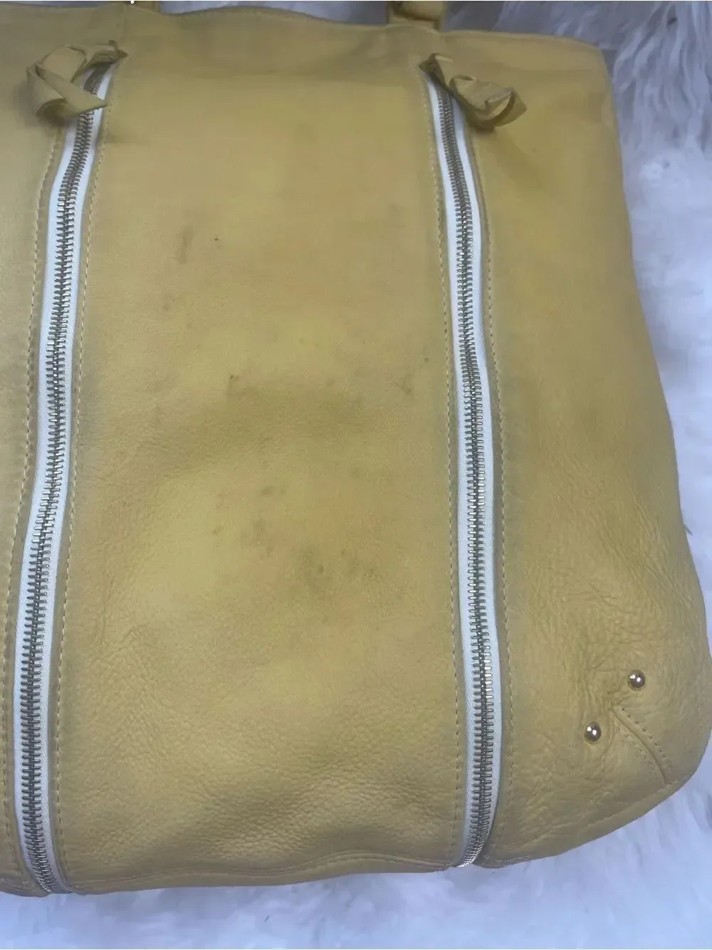 Yellow Leather Tote Bag with Front Zippers